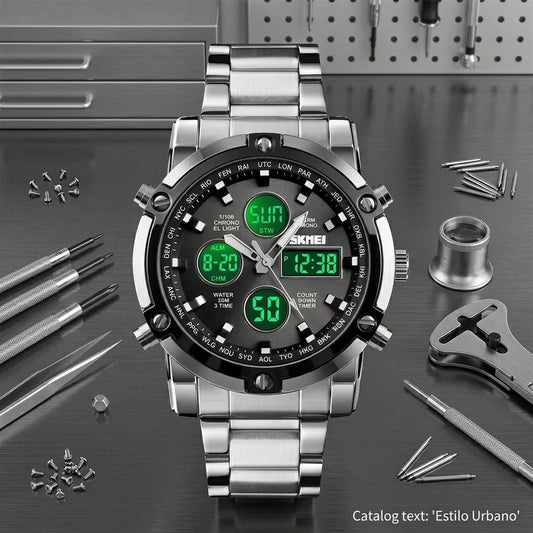 Estilo deportivo masculino con pantalla analogica y digital