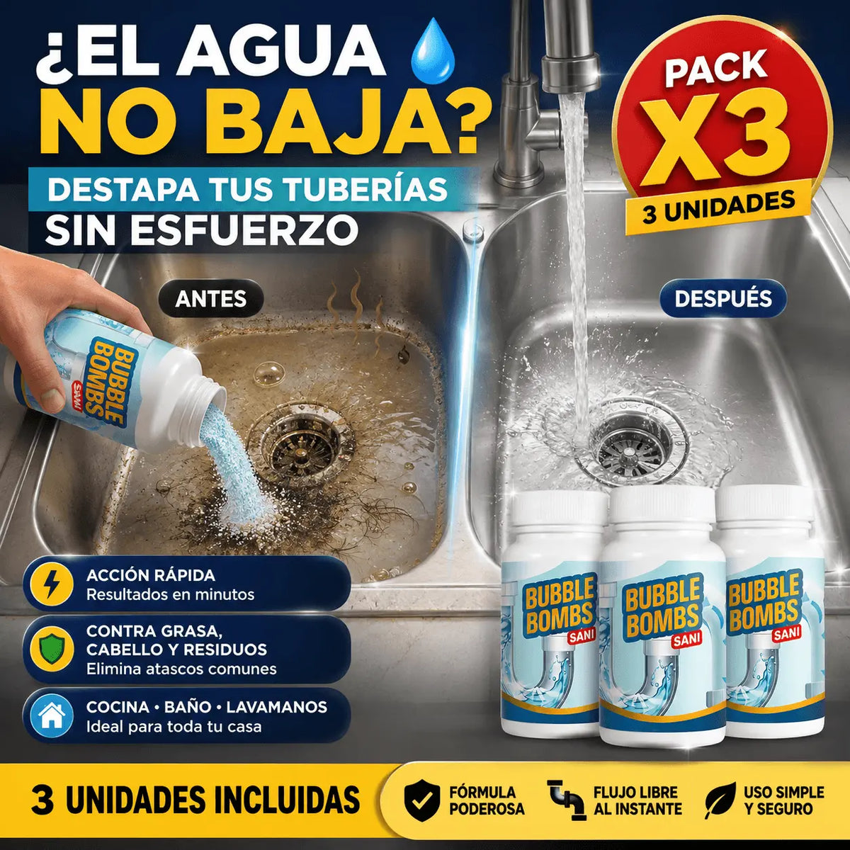 3 Unidades - Destapa drenajes lentos sin llamar plomero